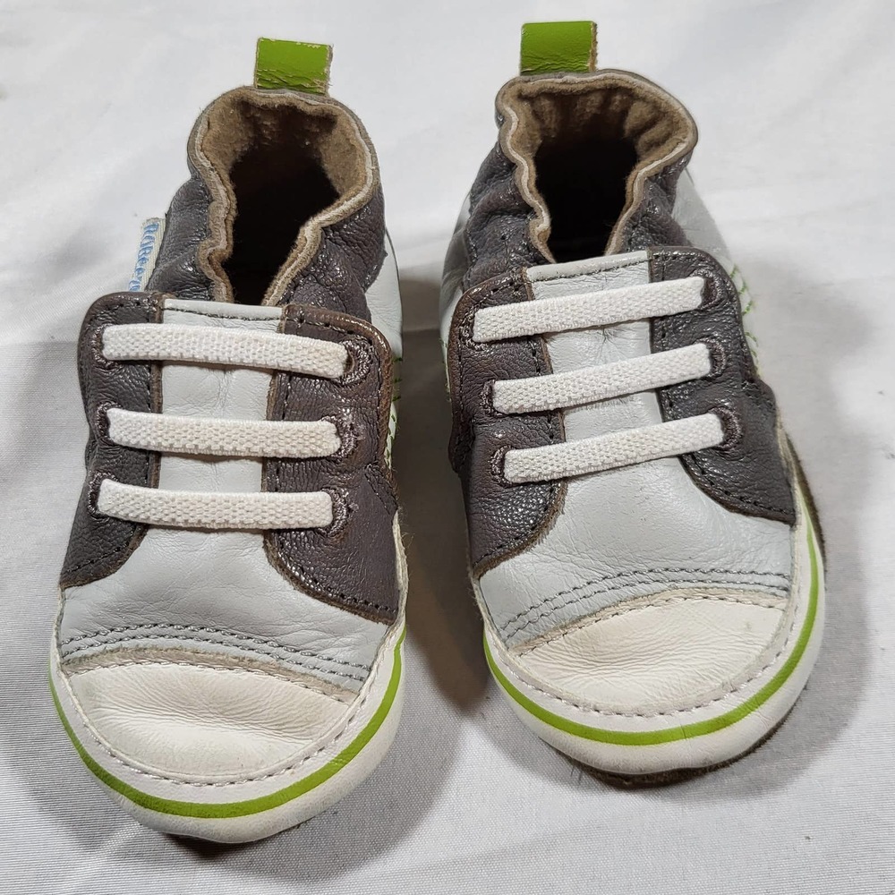 Robeez Crib Shoes 0 to 6 months Dark Gray White Green Slip On Leather Upper
